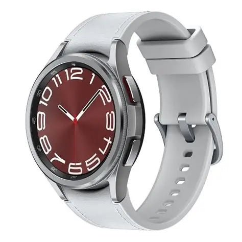 Smartwatch with Red Dial & White Strap | Modern Silver Frame