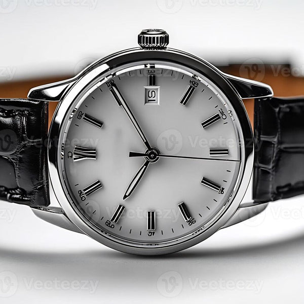 Men’s Classic Silver Watch | Black Leather Strap & White Dial